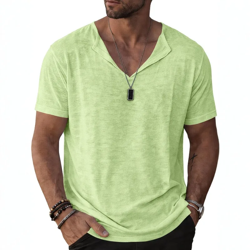 Men Notch V Neck Short Sleeve T Shirt Summer Casual Loose Linen Cotton Blend Solid Basic Tee