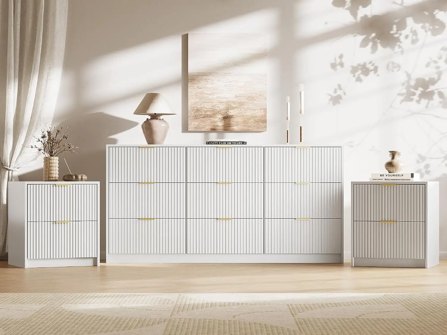 3-Piece Dresser Bedroom Set, 9 Drawer Dresser & 2 Drawer Nightstands with Gold Handles, Fluted Wood Chest of Drawers for Bedroom