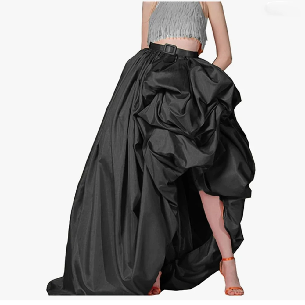 

Elegant Black Satin Long Skirt Satin Ruched High Low Women Wedding Party Formal Wear High Waist New Fashion Skirt 2025