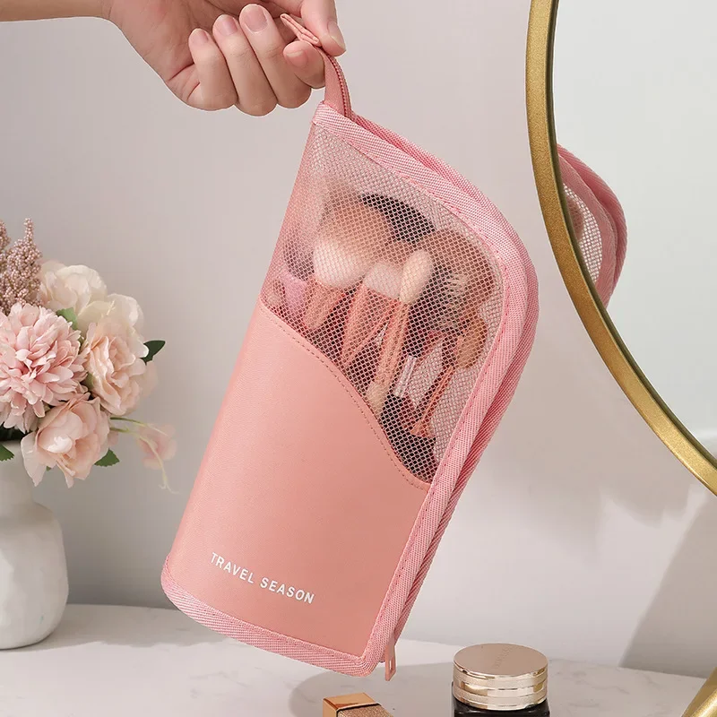 Bolsa para brochas de maquillaje de viaje, soporte para brochas cosméticas portátil, organizador, bolsa para brochas de maquillaje de pie, bolsa de aseo con cremallera