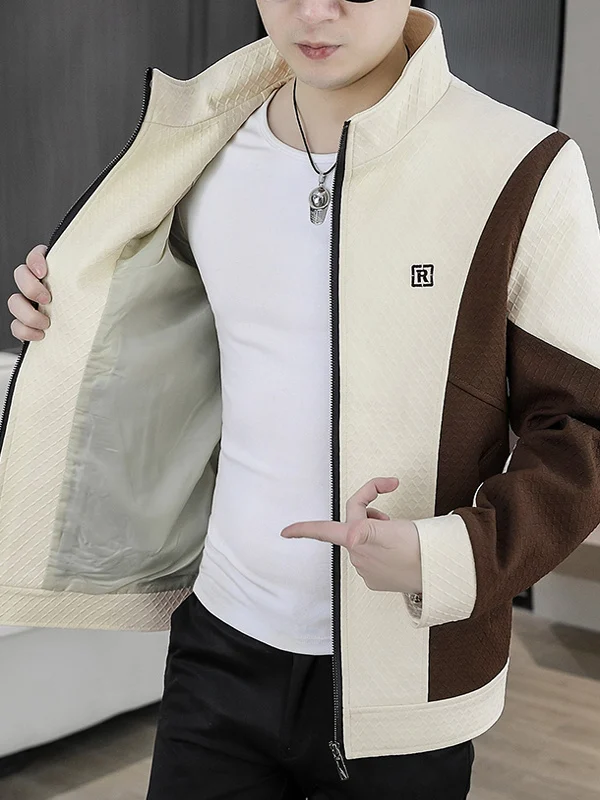 

Мужская повседневная куртка с воротником-стойкой, весна 2025, модная, приталенная, в корейском стиле, с пэчворком и цветовыми блоками, молодежная городская одежда