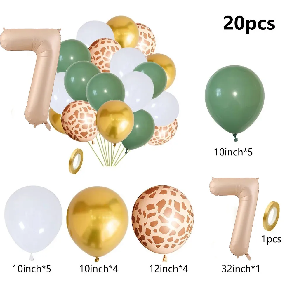 20pcs Jungle Animal Theme Party Sage Green Balloon Caramel Number 0-9 Foil Balloons Happy Birthday Party Baby Shower Decoration