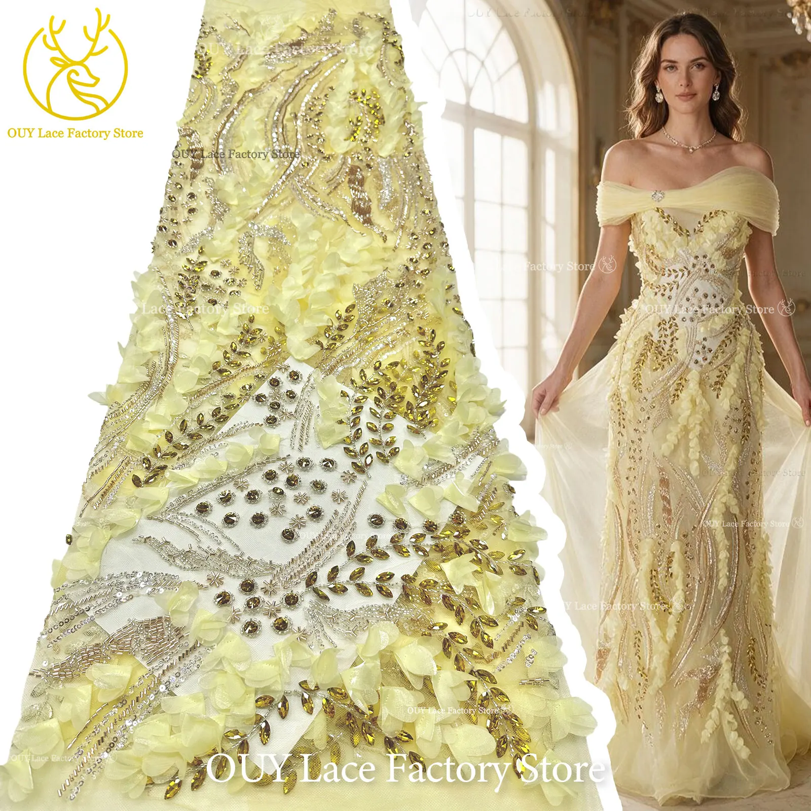 New French Handmade Rhinestone Tulle Lace, 3D Mesh Lace, African Golden Beaded Sequin Lace Fabric for Evening Party Dress Sewing