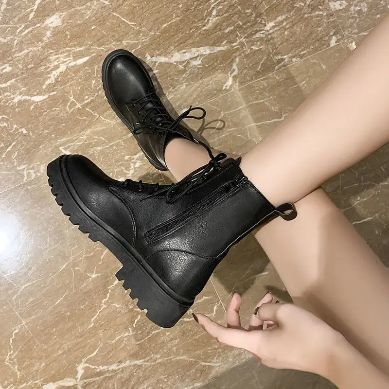 

Combat Lace-up Women's Ankle Boots Booties with Laces Short Shoes for Woman Elegant Medium Heels Black Footwear Punk Style Boot