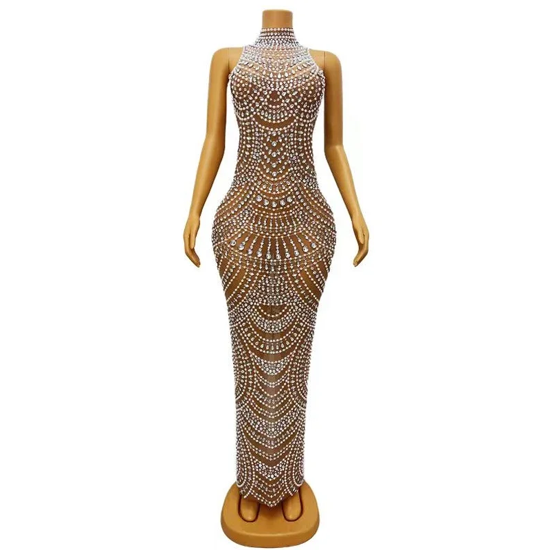 Błyszcząca Sukienka Damska z Elastycznej Siateczki, Ozdobiona Cyrkoniami i Perłami, Długa Sukienka Wieczorowa na Imprezę, Kostiumy Sceniczne, Ubrania Festiwalowe XH