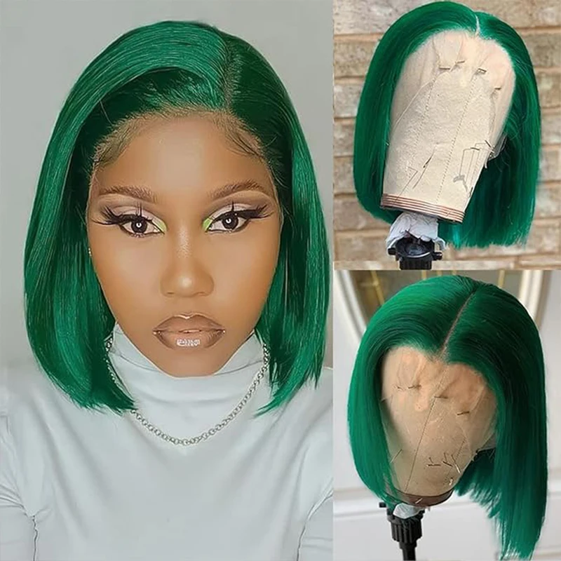 Dark Green Lace Front Bob Wig Human Hair 13x4 Glueless Pre Plucked Hd Transparent Lace Frontal Bob Wigs Shrot Green Colored wig