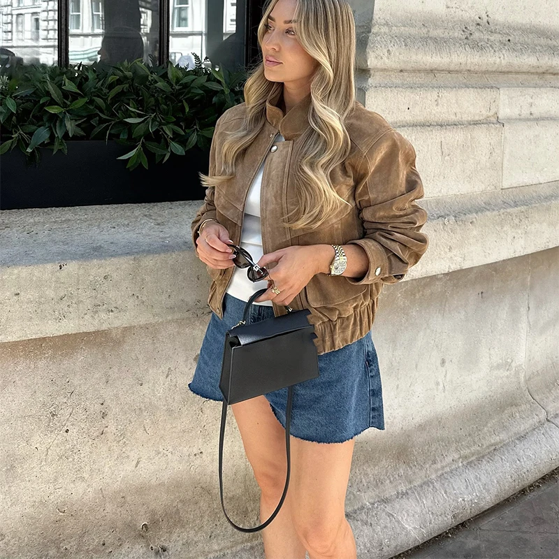 Chic Vintage Suede Long Sleeve Jacket Women's Loose Lapel Collar Zipper Pockets Outerwear Coat 2025 Autumn Lady Loose Outwears