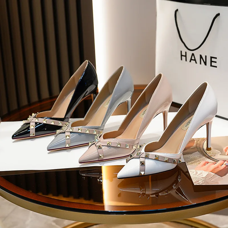 

2026 New Women's Pumps and Heels Pointed Tip Rivet Temperament Women's Shoes Elegant Banquet Sexy Stiletto Sandals Single Shoes