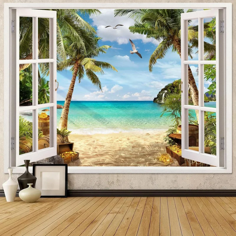 VIKAMA Strandlandschafts-Wandteppich, tropischer Ozeaninsel-Wandteppich, geeignet für die Sommerfenster-Wanddekoration im Wohnzimmer