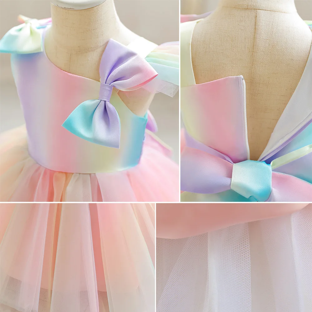 ELBCOS 1-6T Kid Girls Short Asymmetrical Sleeve Bowknot Bubble Skirt Colorful Costumes Evening Full Dress