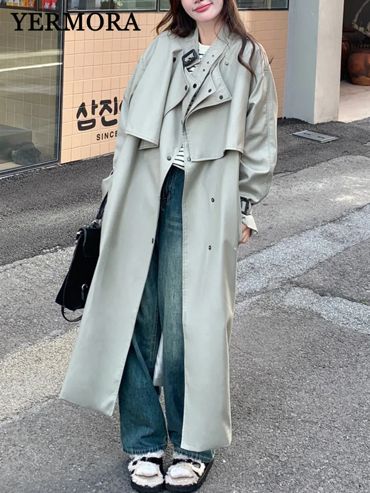 

YERMORA Gray Double Placket Belt Trench For Women Stand Collar Long Sleeve Loose New Windbreaker Fashion Spring Autumn 2025