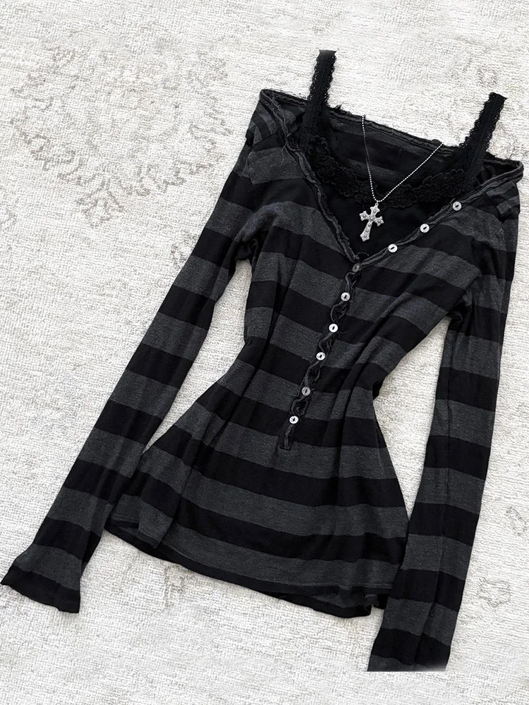 

BanzhiTao Original Retro Striped oulder Bared Knitwear Women's Long Sve V-Ne Top Cotton Summer Casual Faion