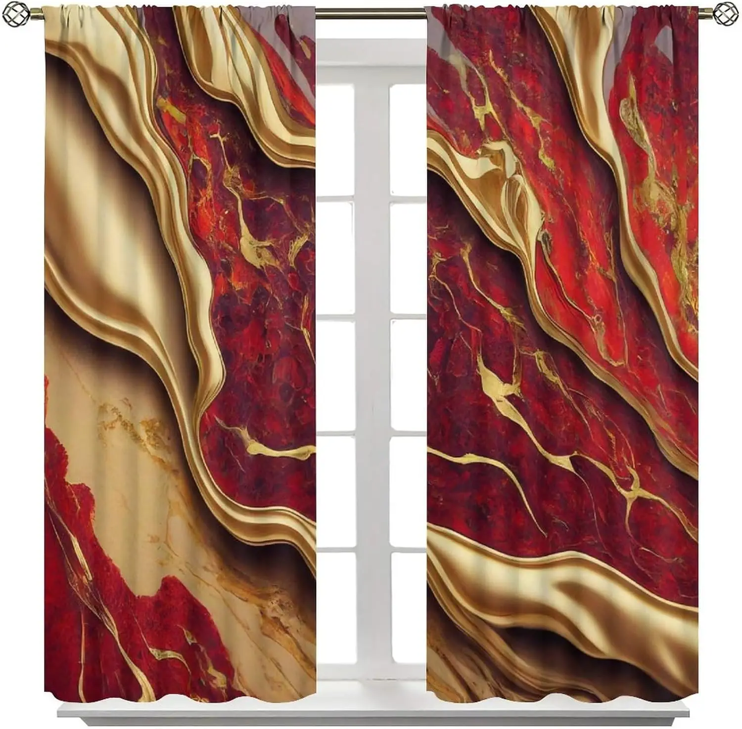 Abstract Marbles Curtains, Red Gold Liquid Marble Pattern Window Treatments, Rod Pocket Thermal Insulated Drapes 2 Panel