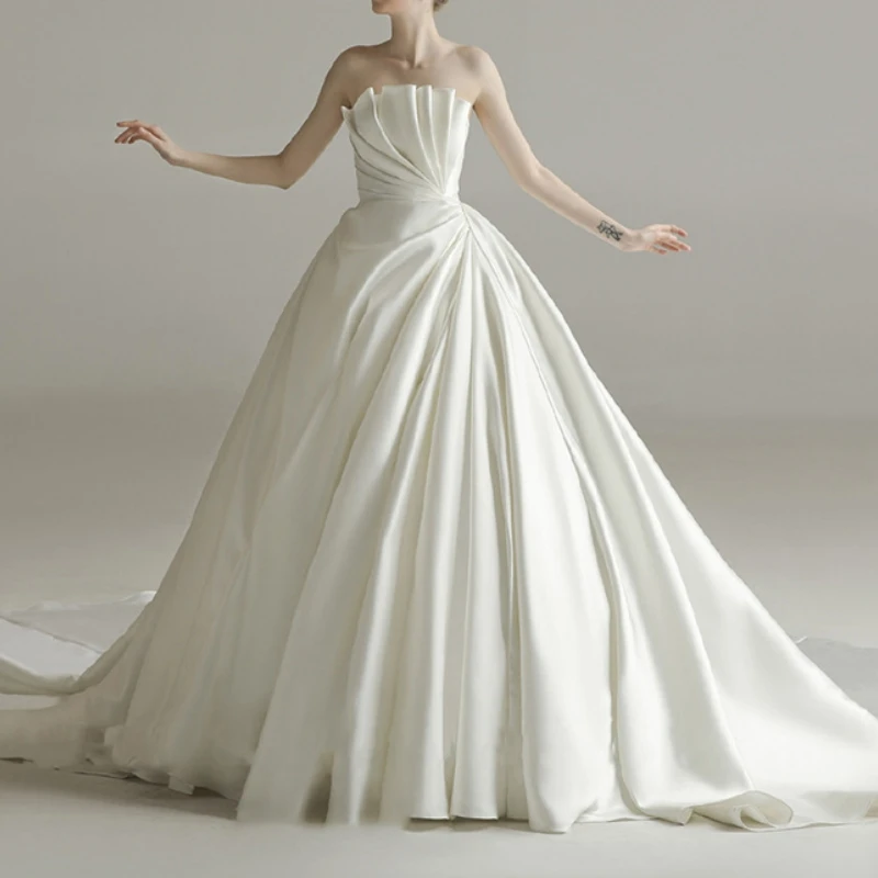 Robe de Mariée en Satin Plissé Sans Bretelles, Design Simple, avec Traîne Bouffante, pour Patients