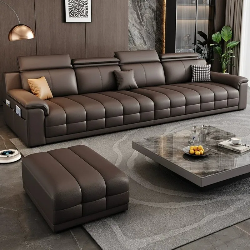 Modern Low Profile Lawrence Leather Couch High Resilience Latex Cushion Straight Sofa with Wide Wrap Armrest for Minimalist Flat
