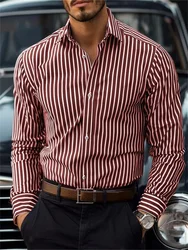 Camisas con botones para hombre, camisas informales de manga larga, color negro, rojo y azul, solapa a rayas, ropa diaria de complejo turístico, Tops casuales elegantes