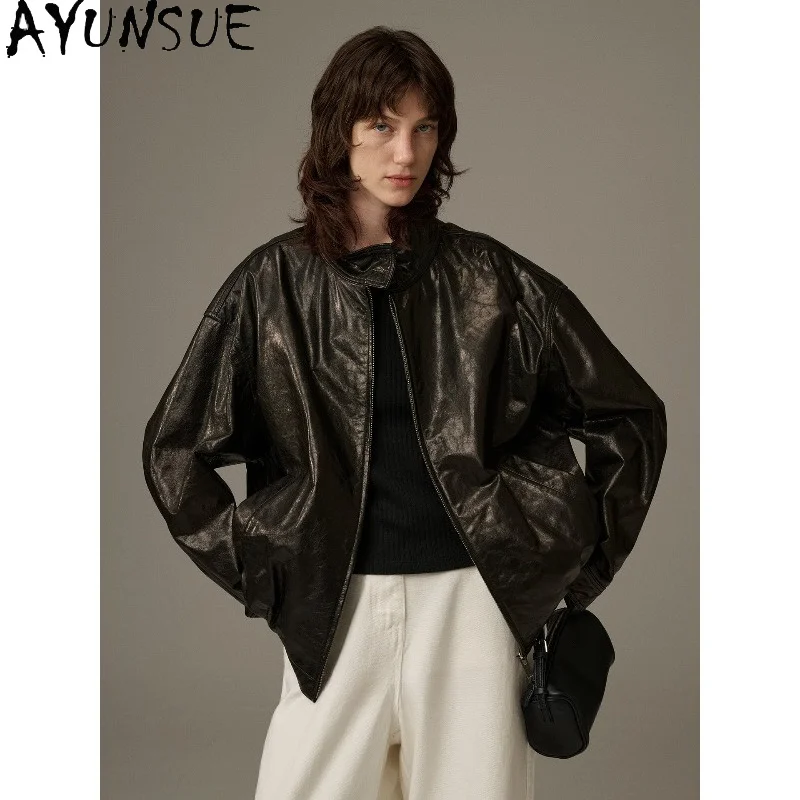 AYUNSUE Oil-wax Goatskin Leather Jacket Woman Loose Stand Collar Tops for Woman Fashion Black Outerwears Woman Clothes Jaqueta