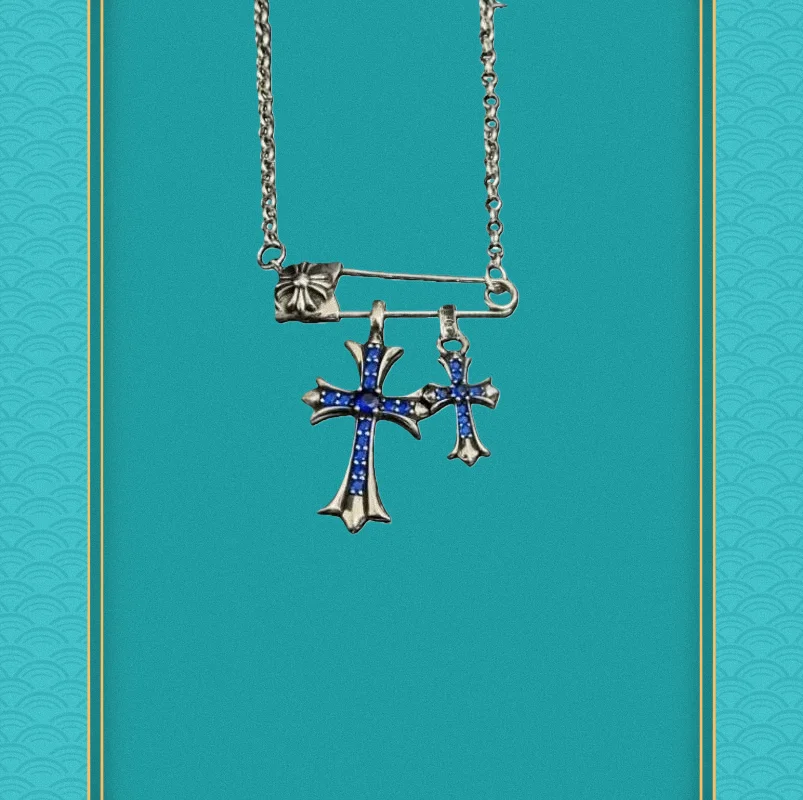 

Silver-Tone Safety Pin Double Cross Necklace with Sapphire Blue Rhinestones