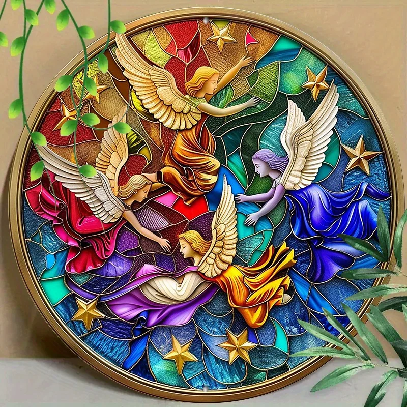 

Round Metal Aluminum Mark 3D Stained Glass Design of Angels for Home, Living Room, Coffee Shop, Office, Wall Decoration Art