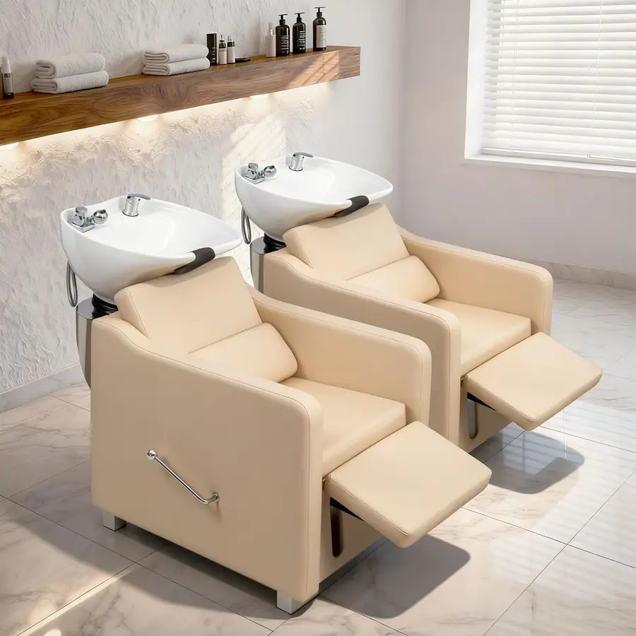 Shampoo Backwash Barber Chair with Ceramic Hair Wash Bowl Sink, Adjustable Leg Baffle, Reclining Shampoo Station Chair, Custom