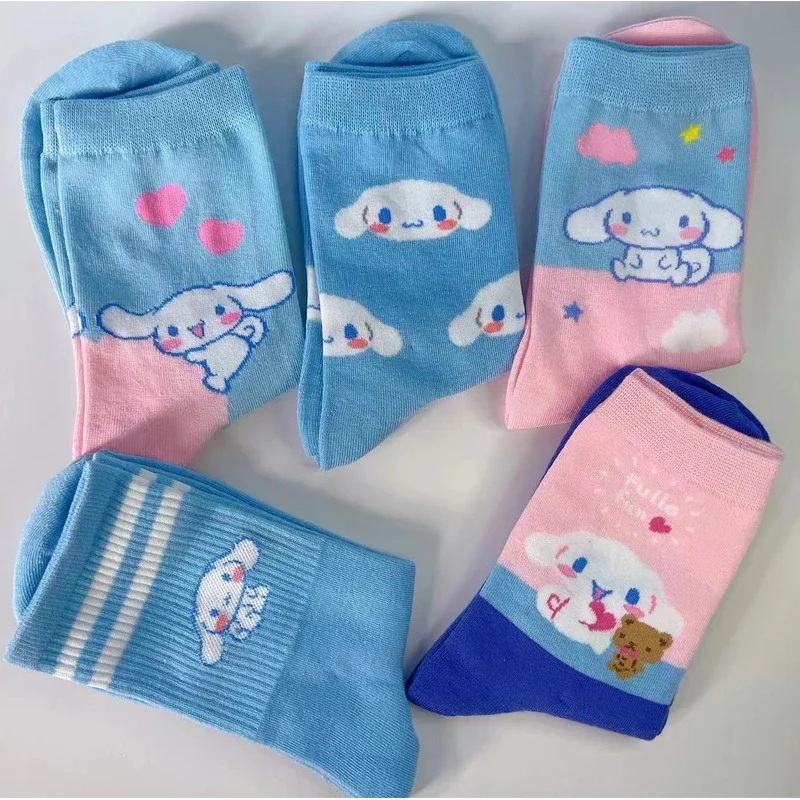 5pairs Sanrio Miniso Cinnamoroll Cartoon socks women\'s blue combed cotton midtube stockings cute puppy stockings