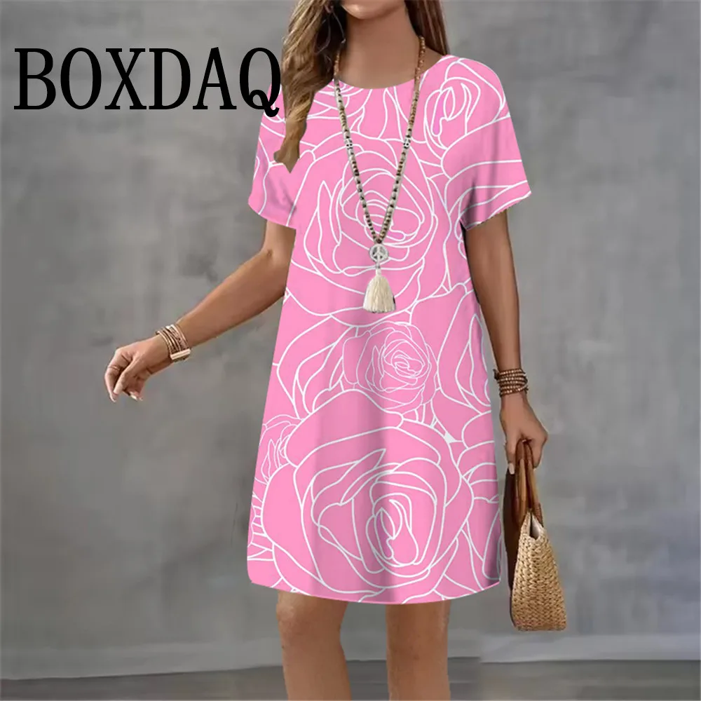 2026 여름 여성 드레스 3D 타이다이 꽃무늬 프린트 반팔 의류 우아한 루즈핏 A라인 드레스 패션 여성 캐주얼 드레스