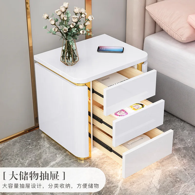 Three-pump solid wood bedside table, paint, light luxury Italian solid wood bedside table, vacuum electroplating, bedroom, livin