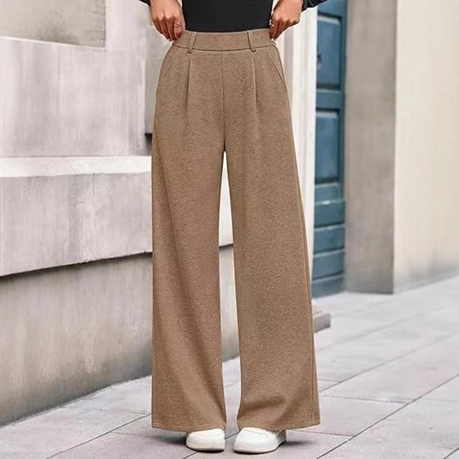 High-waist Dress Pants Stylish Women\'s High Waist Wide Leg Pants with Pockets for Casual Beach Streetwear Fashion Wide-leg Pants