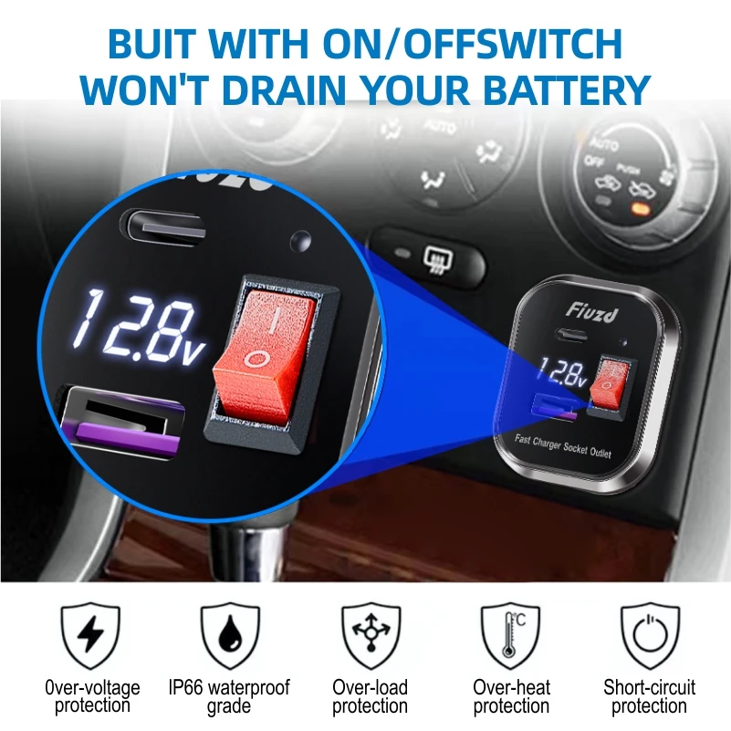 USB C Car Charger Socket 12V/24V Dual USB Socket PD3.0 and QC3.0 Car USB Port With LED Voltmeter and On/Off Switch