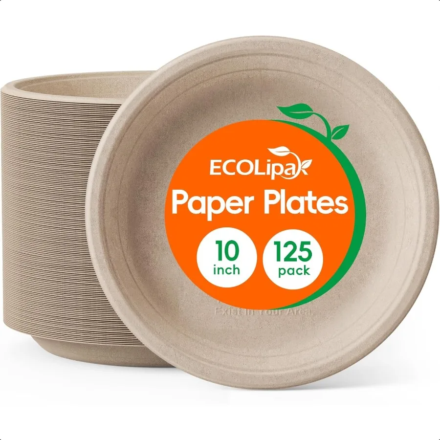 

125 Pack Paper Plates 10 inch 100 Compostable HeavyDuty Dinner Plates Bagasse Deep Dish Natural Biodegradable EcoFriendly Suga