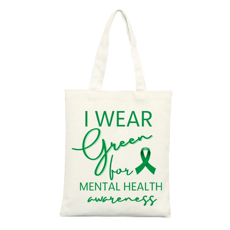 Mental Health Awareness Ribbon Canvas Tote Bag with Typography Print, Ideal for Casual Daily Use