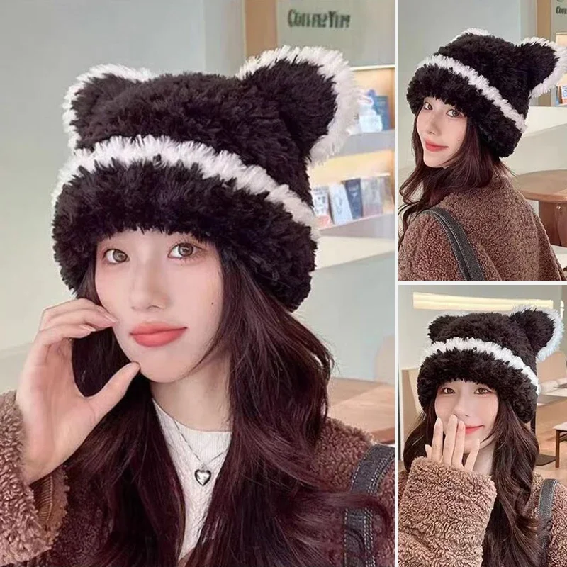 Cute Cat Ear Women Beanie Winter Plush Knitted Ear Protection Hat Thick Warm Anti-cold Female Fluffy Fur Earmuffs Cap