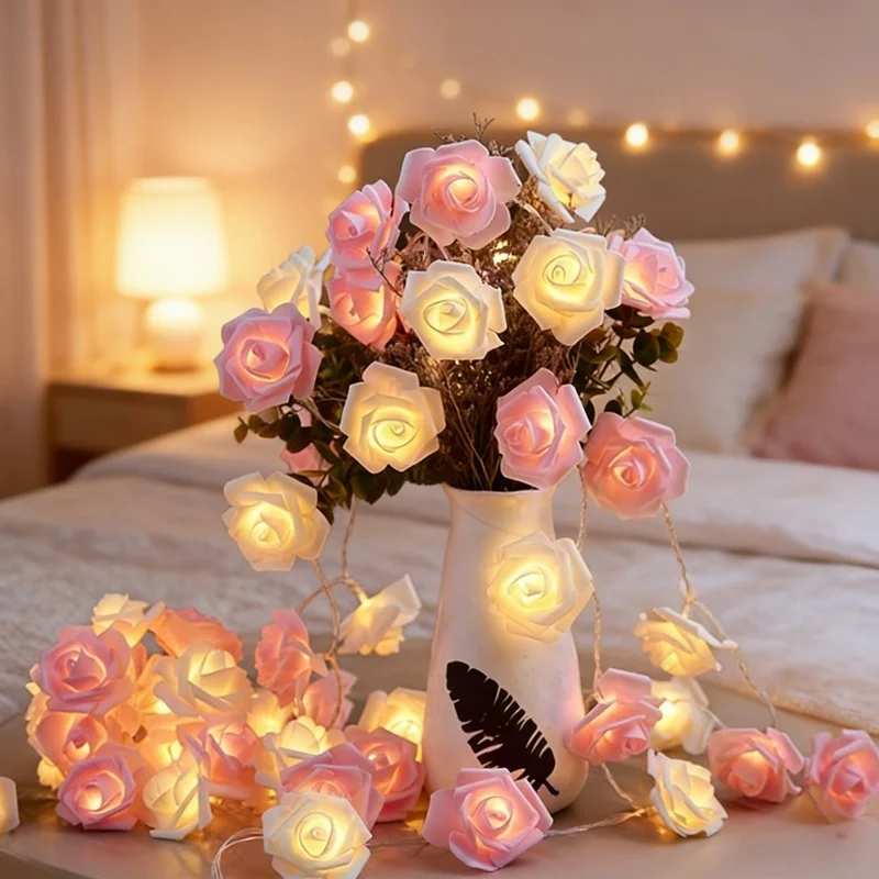 1pc 20LED Artificial Rose Flower LED String Light Battery Powered Wedding Party Mother's Day Fairy light Home Bedroom Decoration