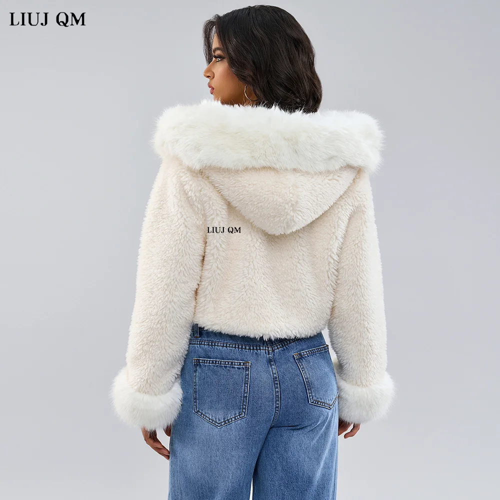 Hooded Faux Fur Coat Women White Winter Jackets for Women 2024 New in Outerwears Cardigan Short Plush Jacket Fluffy Clothing