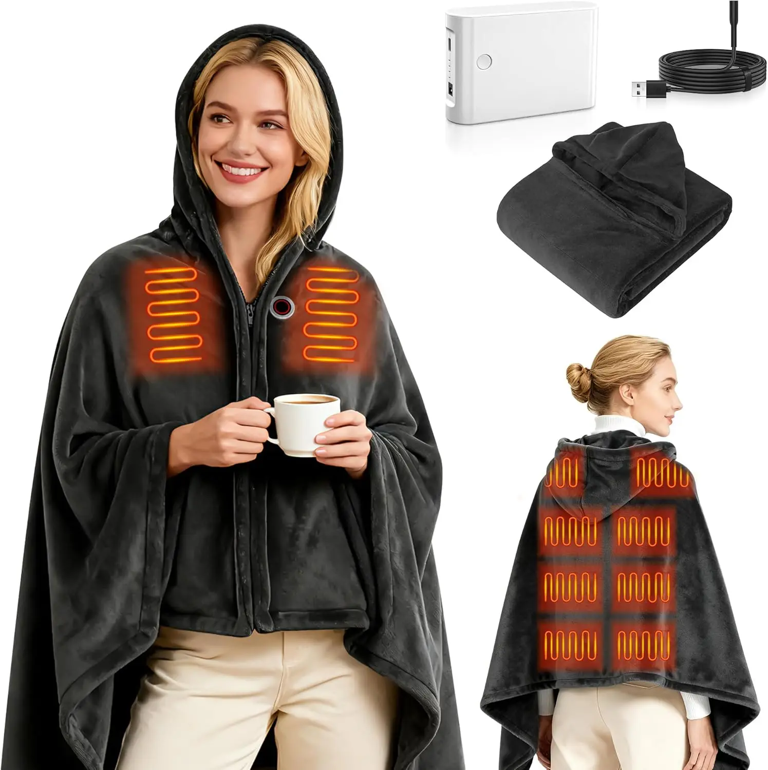 

Беспроводное одеяло с подогревом и аккумуляторным блоком питания, 3 уровня нагрева, портативное для зимнего использования, серое