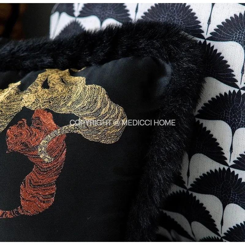 Guangda Store Chinese Sofa Throw Pillow High Seat Cushion Retro New Chinese Backrest Tiger Embroidery Bag Cover