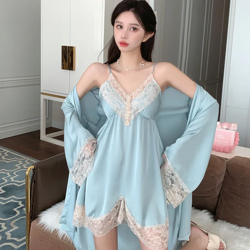 Lace Bathrobe Gown Set Bride Green Twinset Robe Set Summer Satin Nightwear Kimono Women Sleepwear Princess Style Nightdress