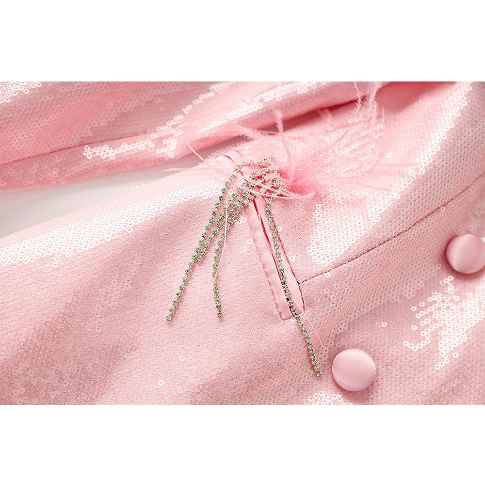 Splendido Costume Baby Pink Sparking paillettes Feather Patchwork Fancy Stones giacche da festa di lusso da donna blazer da donna