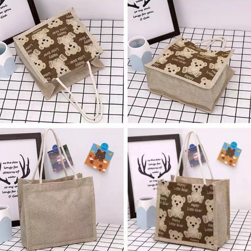 Linen handbag. Cute bear pattern printing, Japanese and Korean style, lunch box and lunch bag for office workers