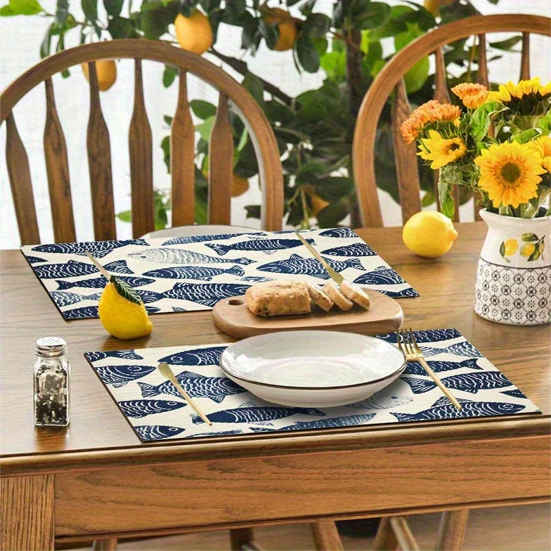 Set de table imprimé motif poisson en linocut bleu et blanc, lavable, pour table à manger et cuisine