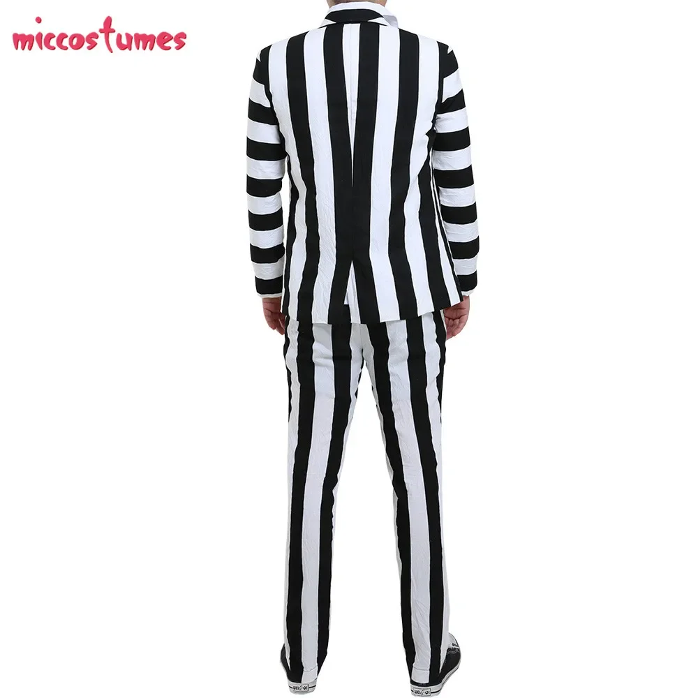 Miccostumes Male Black and White Vertical Stripes Jacket Suit Costume with Tie Halloween Cosplay Costume