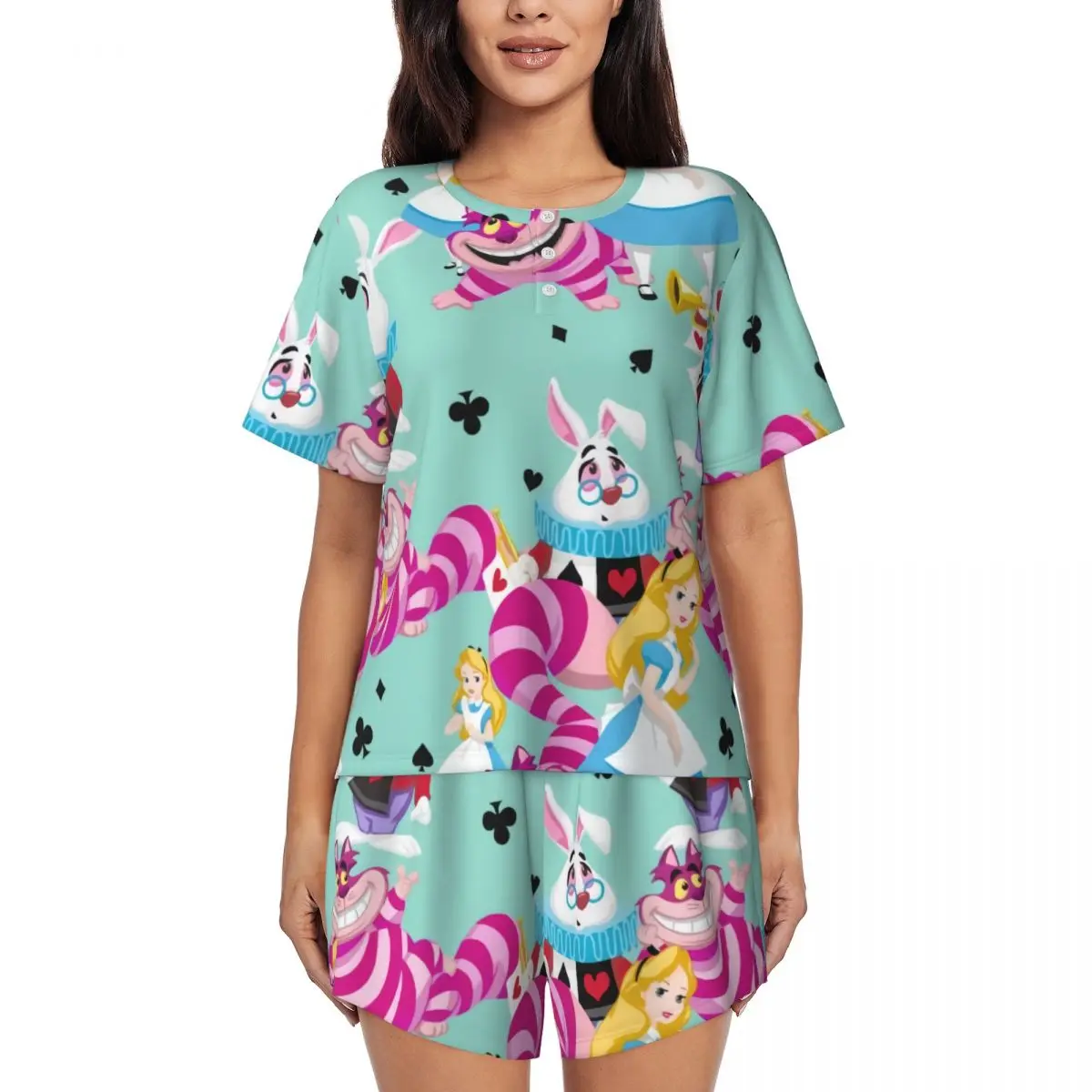 

Womens Alice In Wonderland Cheshire Cat Pajamas Set Custom Printed Two-piece Pjs Sets Short Sleeve Sleepwear Loungewear