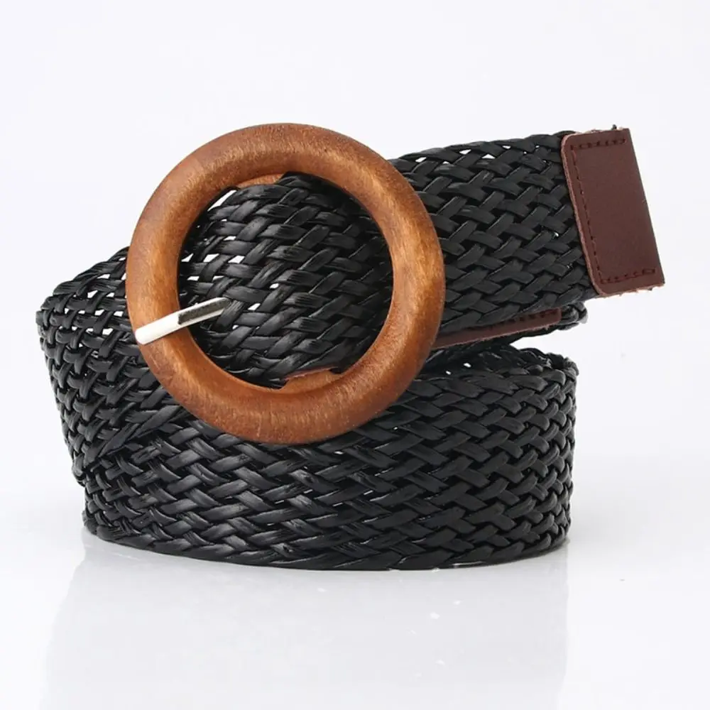 Belts For Women Vintage Boho Braided Waist Belt Female Wide Belt Round Wooden Smooth Buckle Fake Straw Waistband
