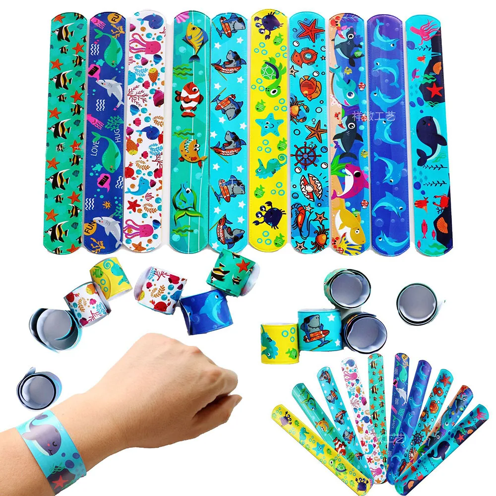 20pcs Ocean Cartoon Animal Snap Bracelets Shark Dolphins Patting Circle Wrist Straps Kids Party Favors Goodie Bag Pinata Fillers