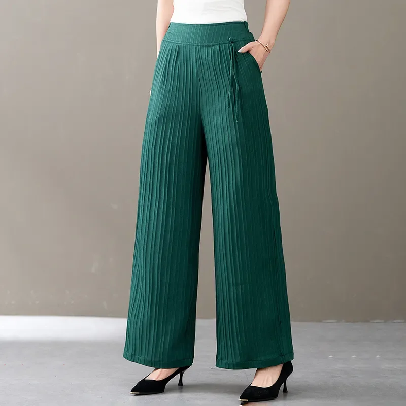 Nieuwe Chinese Stijl Reliëf Wijde Pijpen Temperament Negen-Punt Vrouwen 2025, Nieuwe Elastische Hoge Taille Gesp Casual Broek