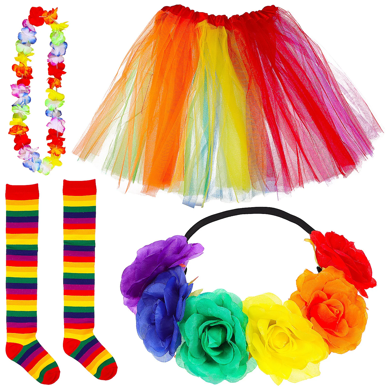 1 Juego de traje de orgullo, falda tutú de tul arcoíris, calcetines por encima de la rodilla de orgullo Lei, diadema, accesorios de disfraz, puesta en escena de Festival