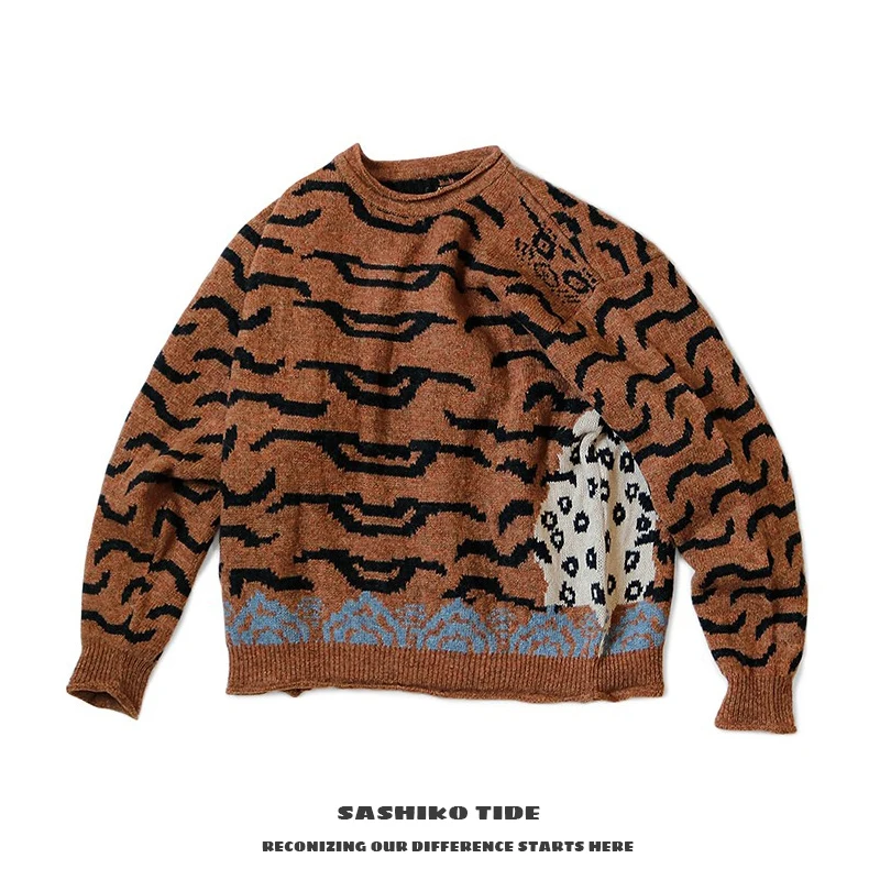 

Вязаный свитер Kapital 2AW большого размера с круглым вырезом, длинными рукавами, тигровым узором и элементами пэчворка, очень теплый, повседневный, зимний, модный