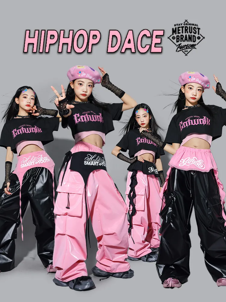 Girls K-pop Crop Top Shiny Cargo Pants Children Streetwear Girl Group Costumes Kids Hip Hop Jazz Teens Street Dance Clothes Sets