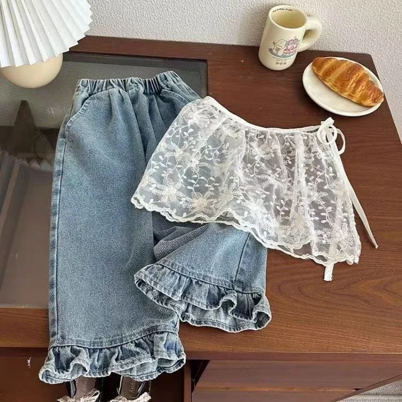 1-6 Years Kids Jeans Girls New Spring Autumn Children Fashion Casual Wide-leg Pants Lace Princess Sweet and Lovely Jeans