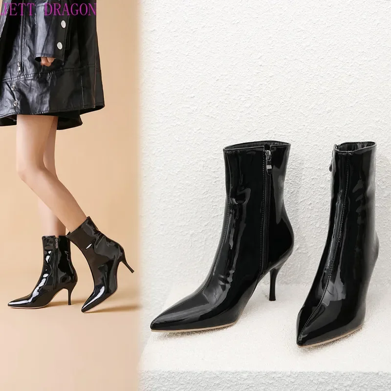 2024 Fashion Boots New Women Boots Ankle Boots PU Leather Zipper Women Booties High Heels Autumn Women Shoes White Black